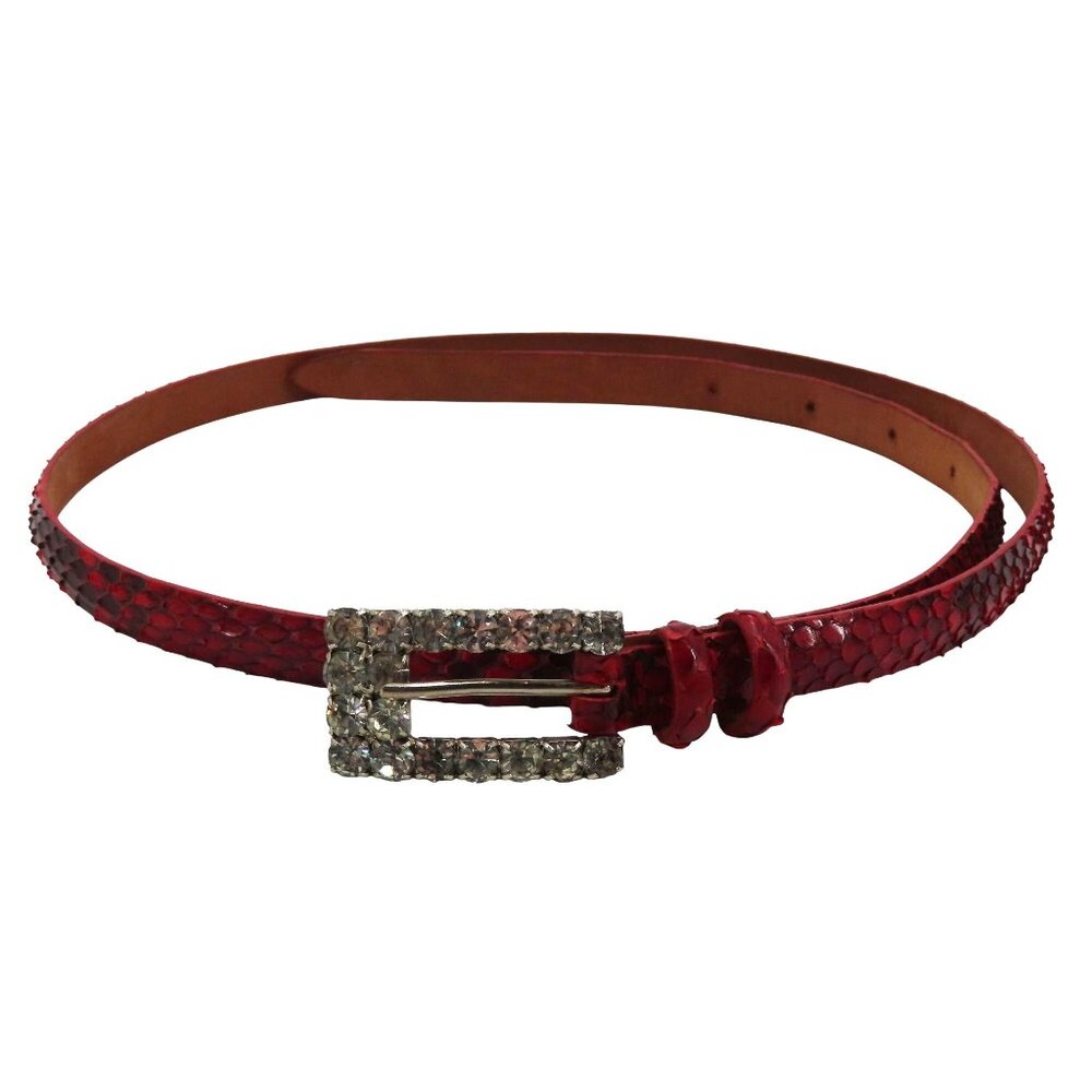 Claudio Orciani Women 80cm Red Genuine Snake Skin Rhinestone Buckle Skinny Belt